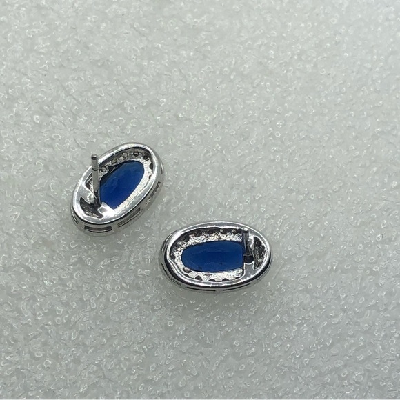Vtg Sterling Silver Oval Blue & White Cz Halo Stud Earrings .6” x .4” - Picture 4 of 8